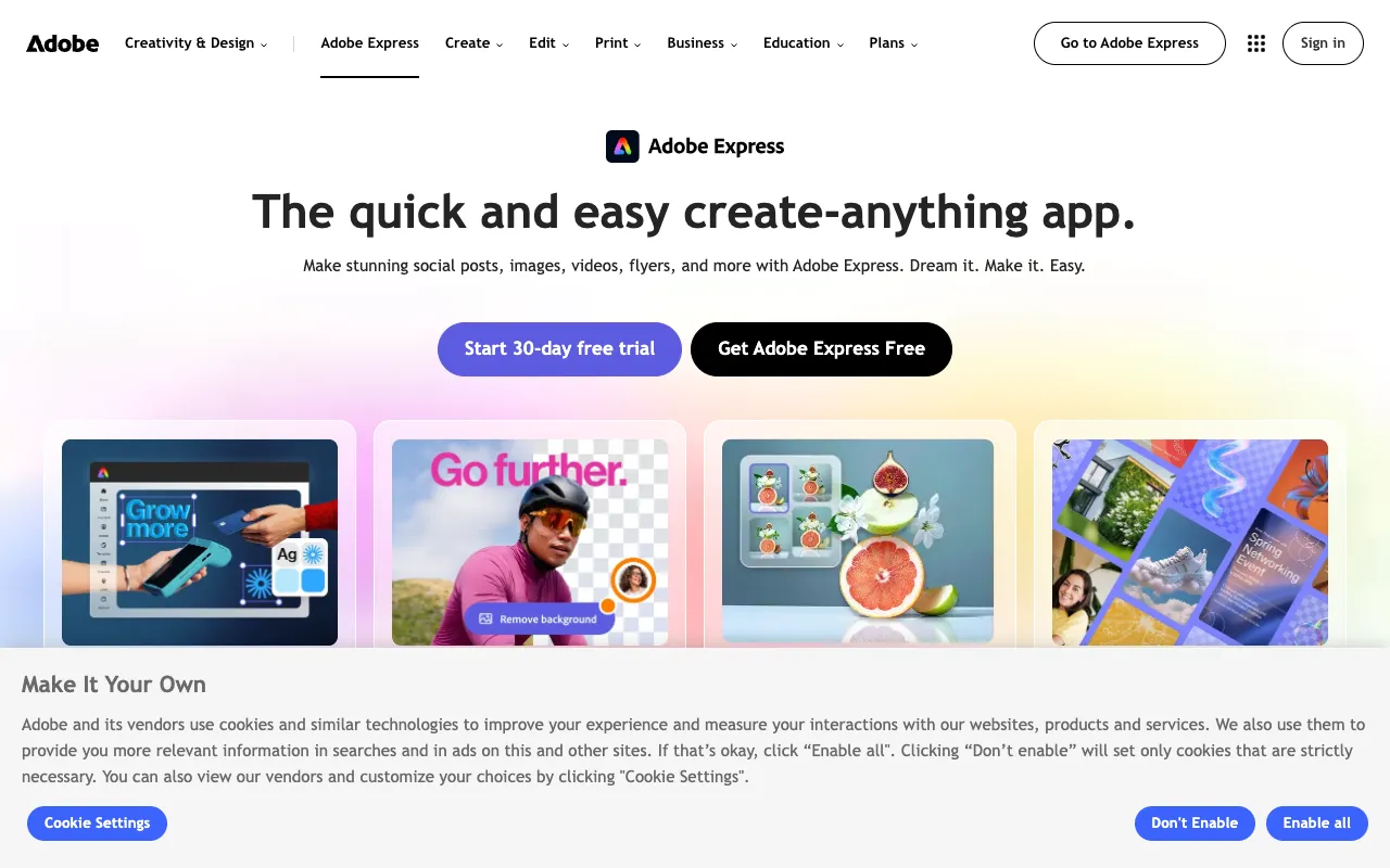 Adobe Express homepage screenshot