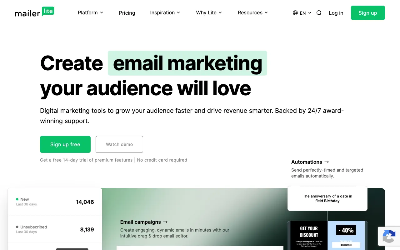 MailerLite homepage screenshot