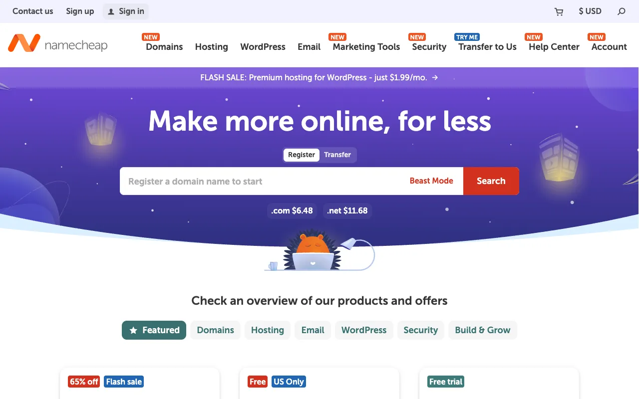 Namecheap homepage screenshot