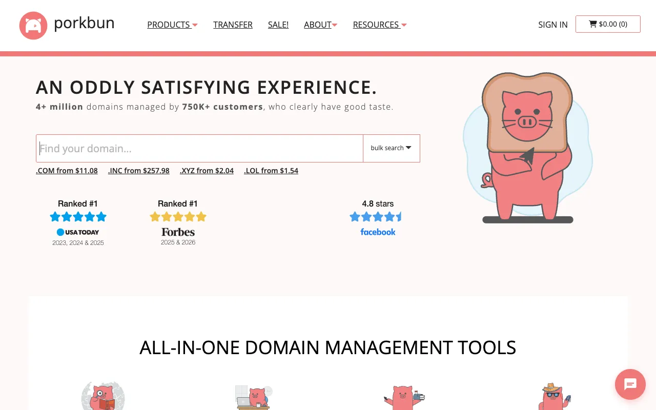 Porkbun homepage screenshot