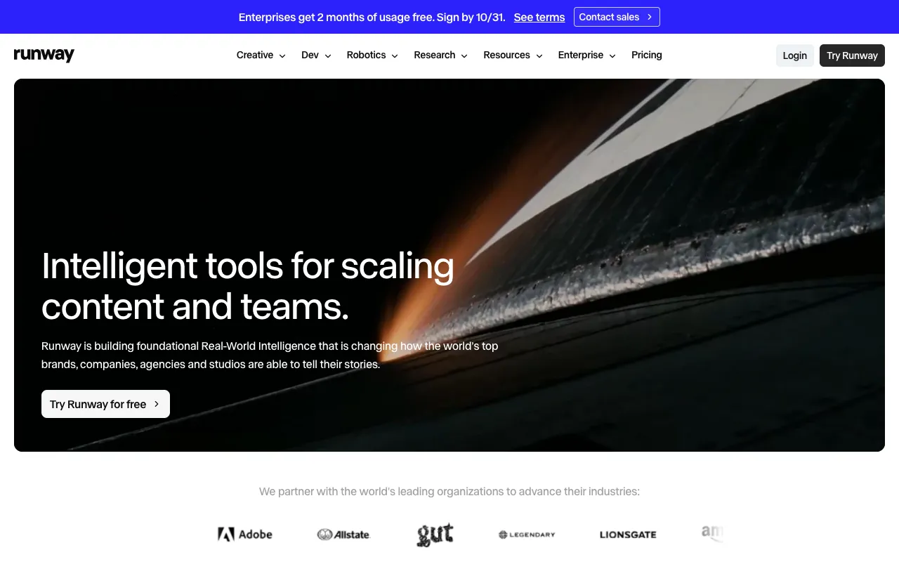 Runway homepage screenshot