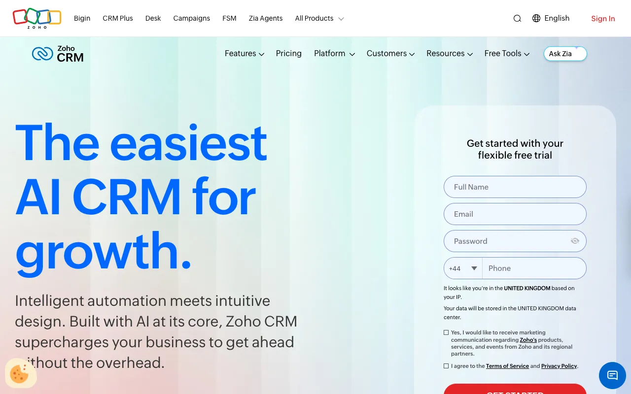 Zoho CRM homepage screenshot
