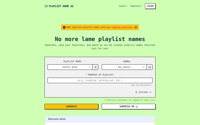 Playlist Name AI website screenshot