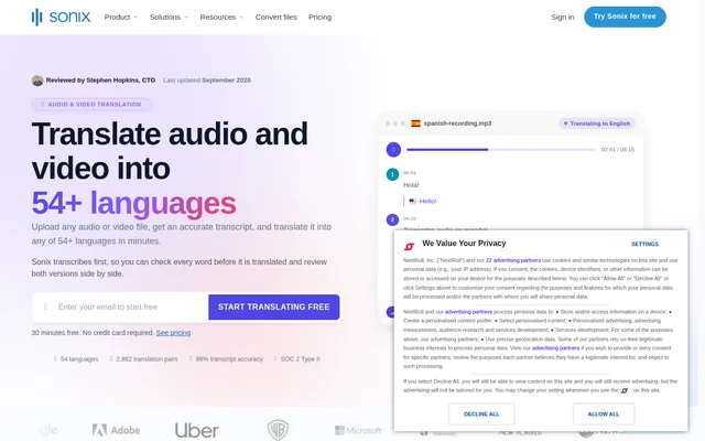 Sonix Automated Transcription & Translation website screenshot