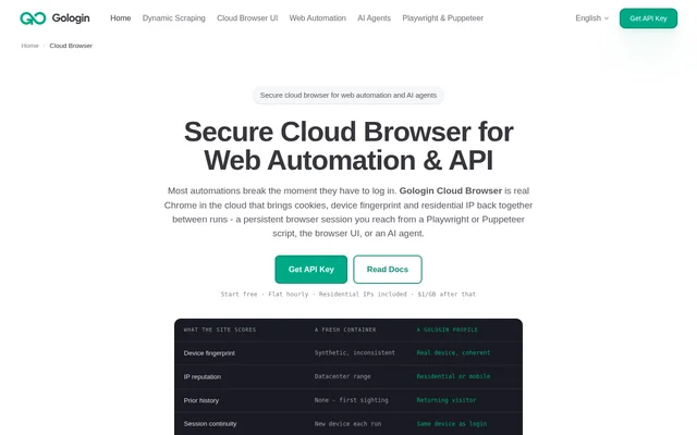 Gologin Cloud Browser website screenshot