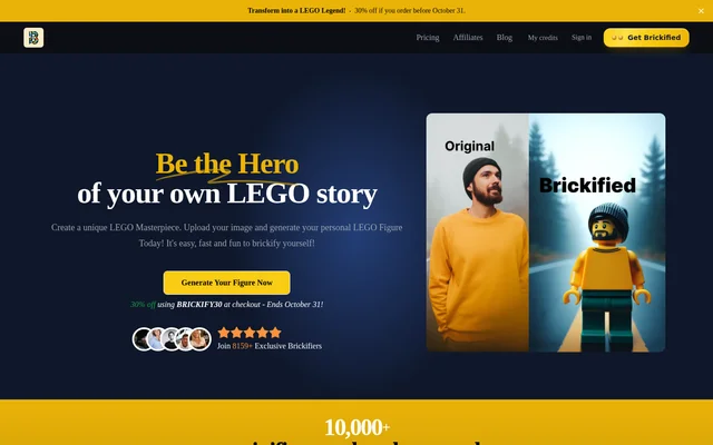 BrickifyMe - AI LEGO Minifigure Generator website screenshot