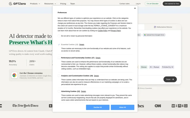 GPTZero: AI Detection & Writing Replay website screenshot