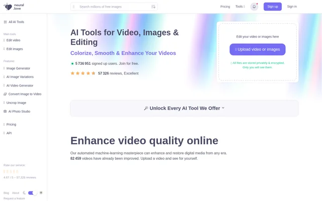 AI Tools for Video, Images & Editing by neural.love website screenshot