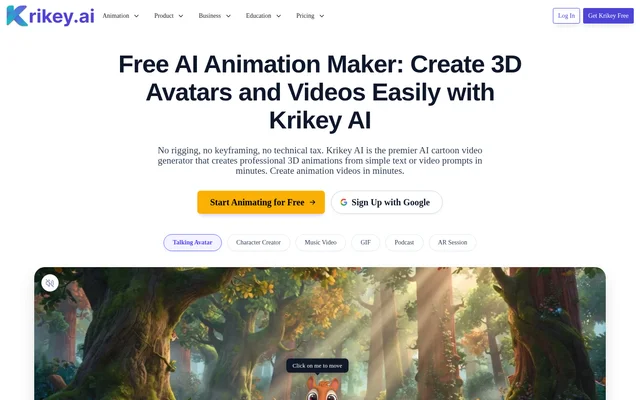 Krikey AI Animation Generator website screenshot
