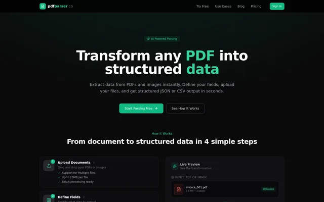 PDF Parser website screenshot