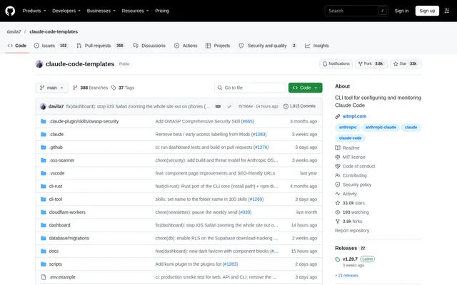 Claude Code Templates website screenshot