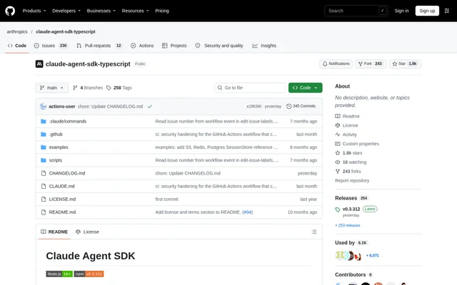 Claude Agent SDK TypeScript website screenshot